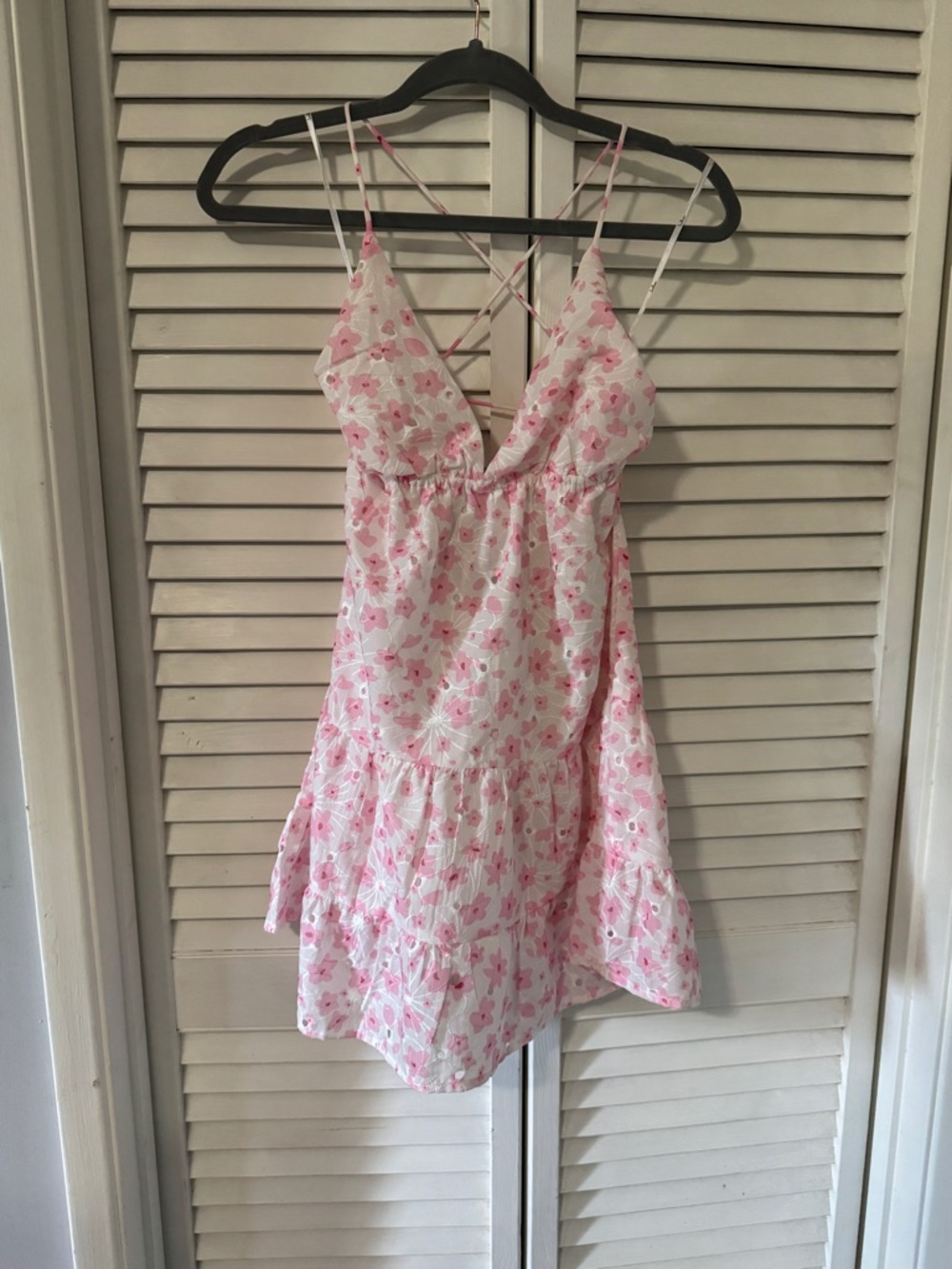 Lulu's White Mini Dress with Pink Floral Print and Crisscross Back